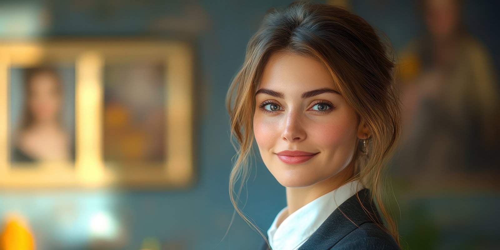 Portrait of a confident young woman smiling in a sophisticated indoor setting during daylight